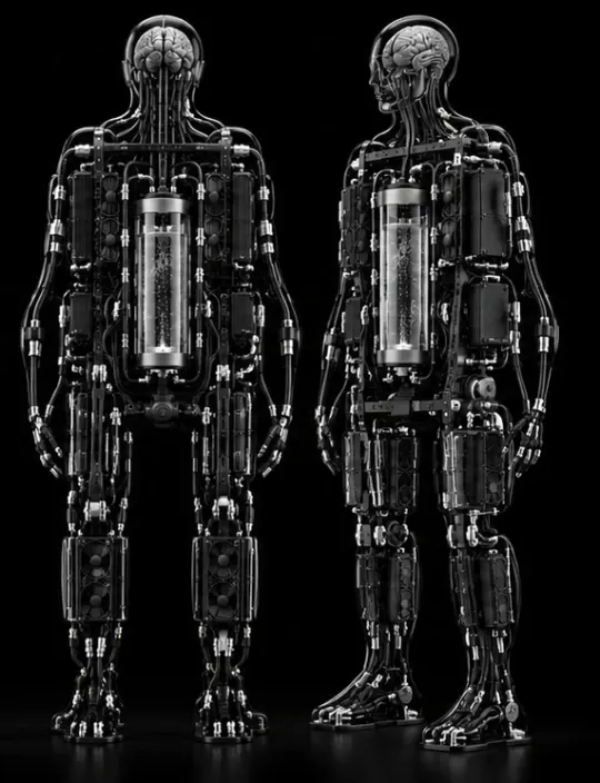 Ilustracja koncepcyjna: dwa widoki szklanego androida zbudowanego z części chłodzenia stacji roboczych.
