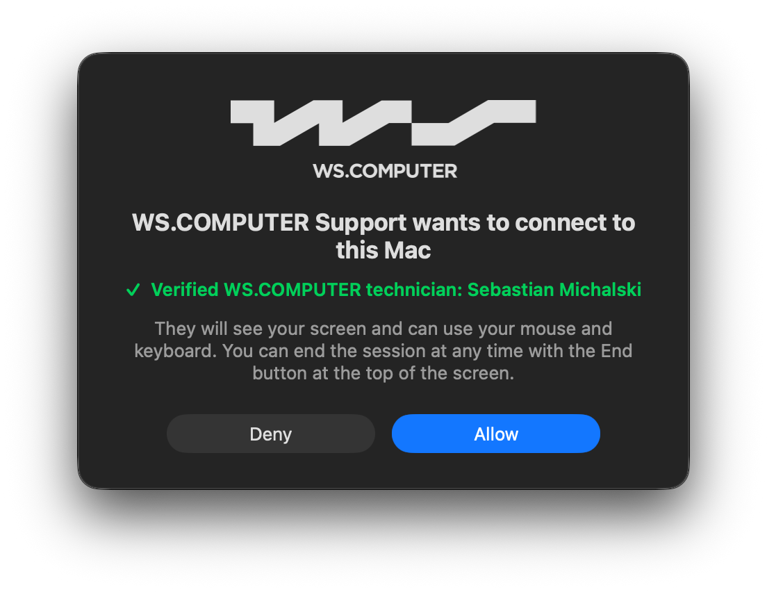 The request they must approve. A verified WS.COMPUTER technician shows the logo and a green check; anyone else gets a clear warning.