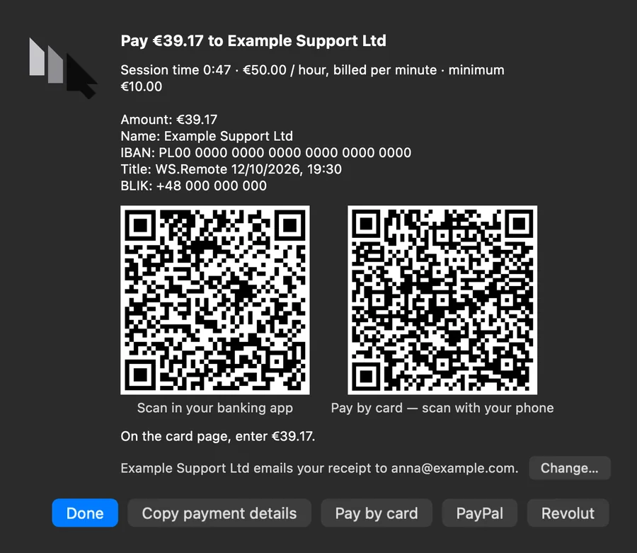 End of session: the person you helped sees the amount, your rate and how to pay.