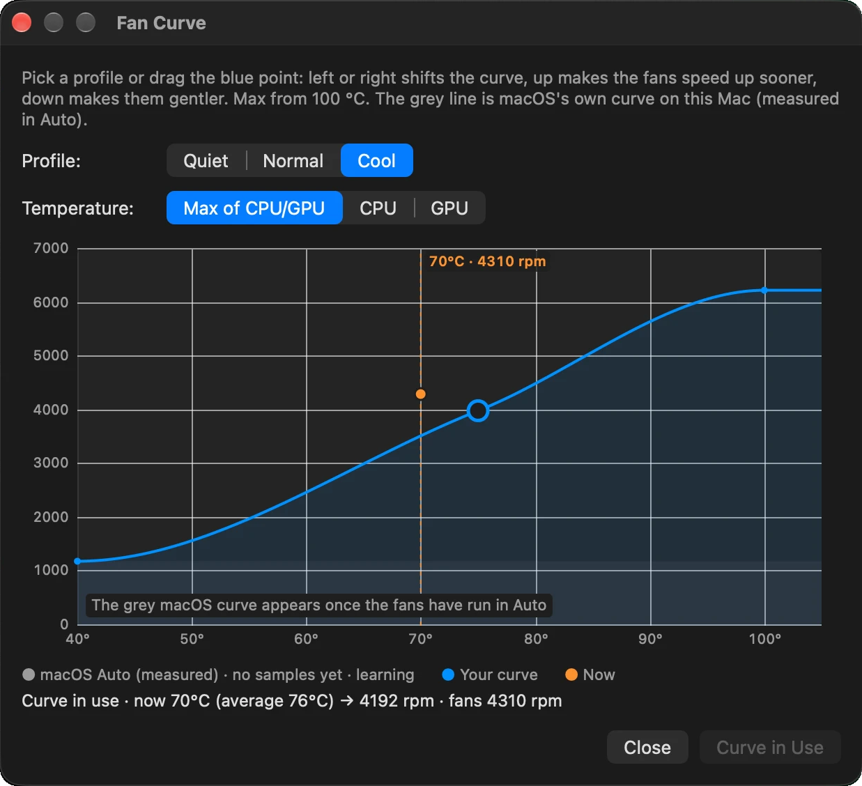 The Fan Curve window: drag the blue point to choose how soon the fans speed up.