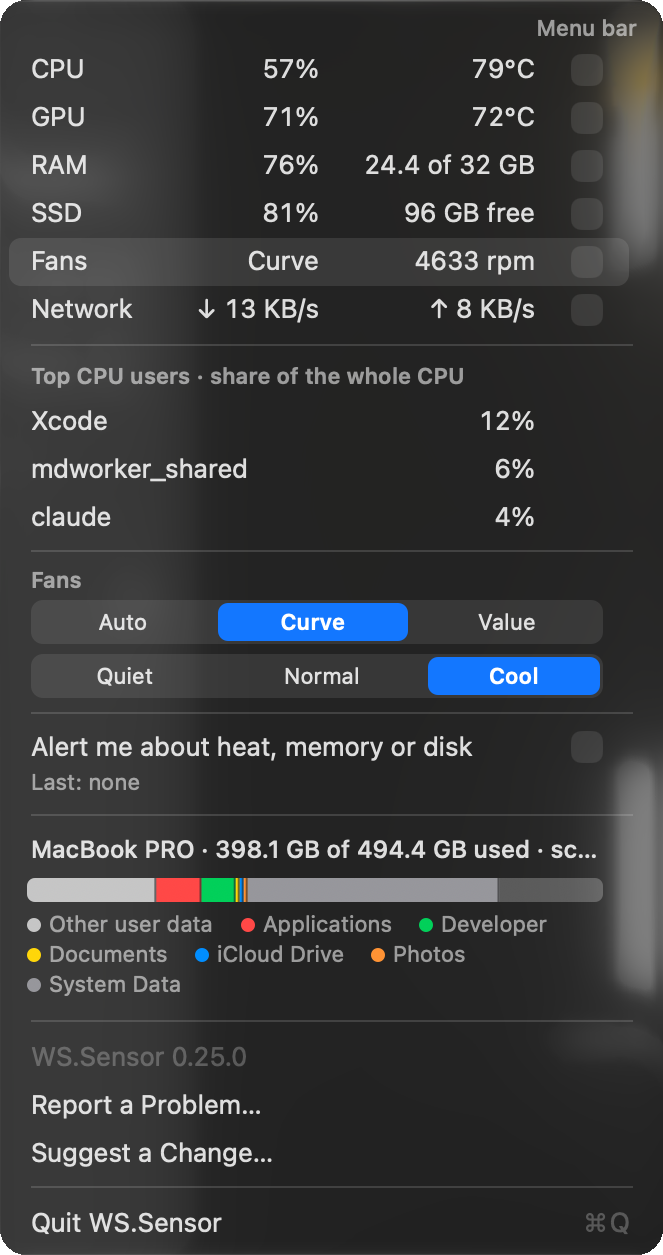 The WS.Sensor menu on a Mac.