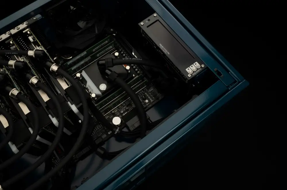 Build interior: CPU water block, loop tubing, memory banks and coolant controller