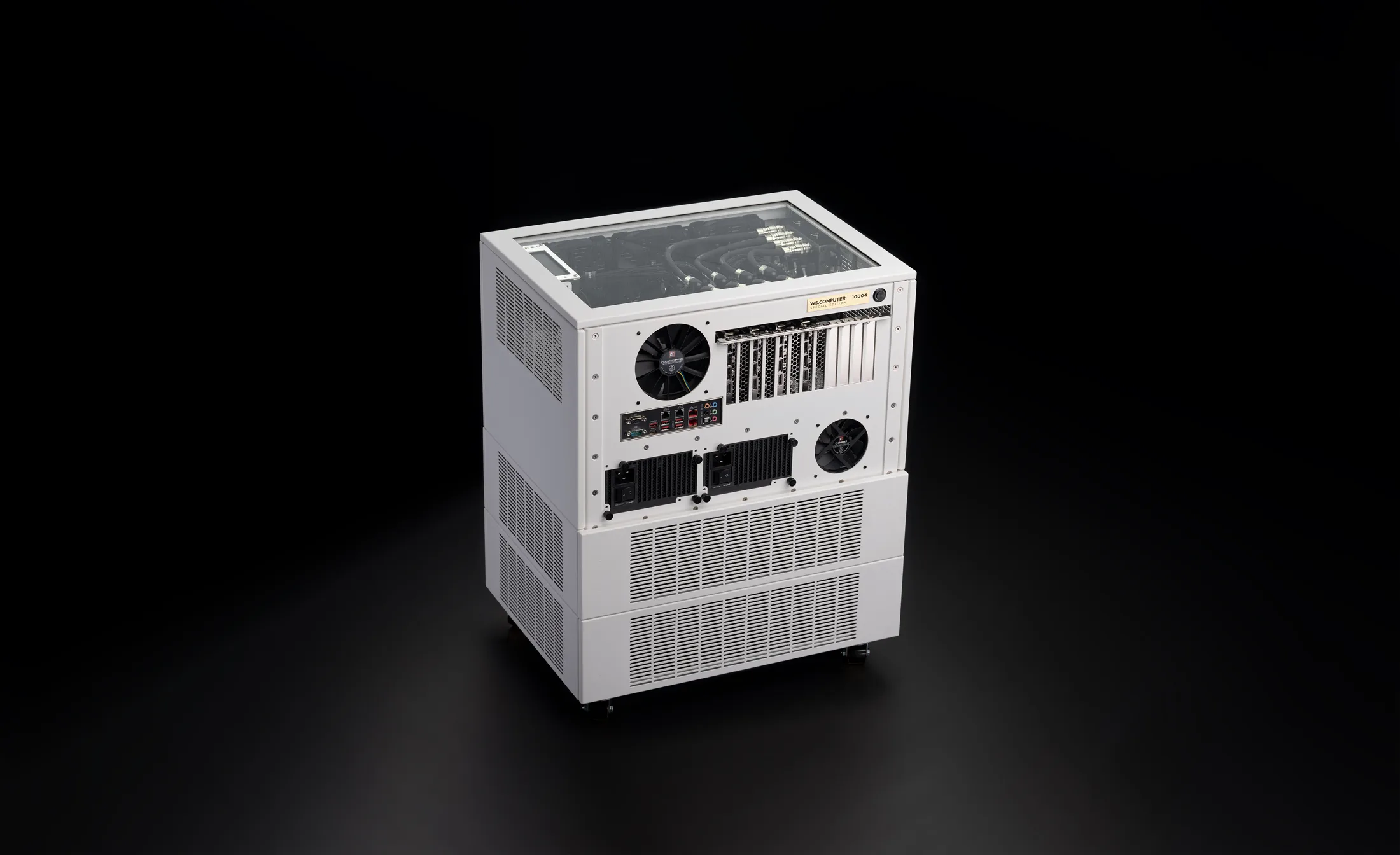 WS.COMPUTER № 10004 special edition — white water-cooled multi-GPU workstation on castors, studio photograph on black